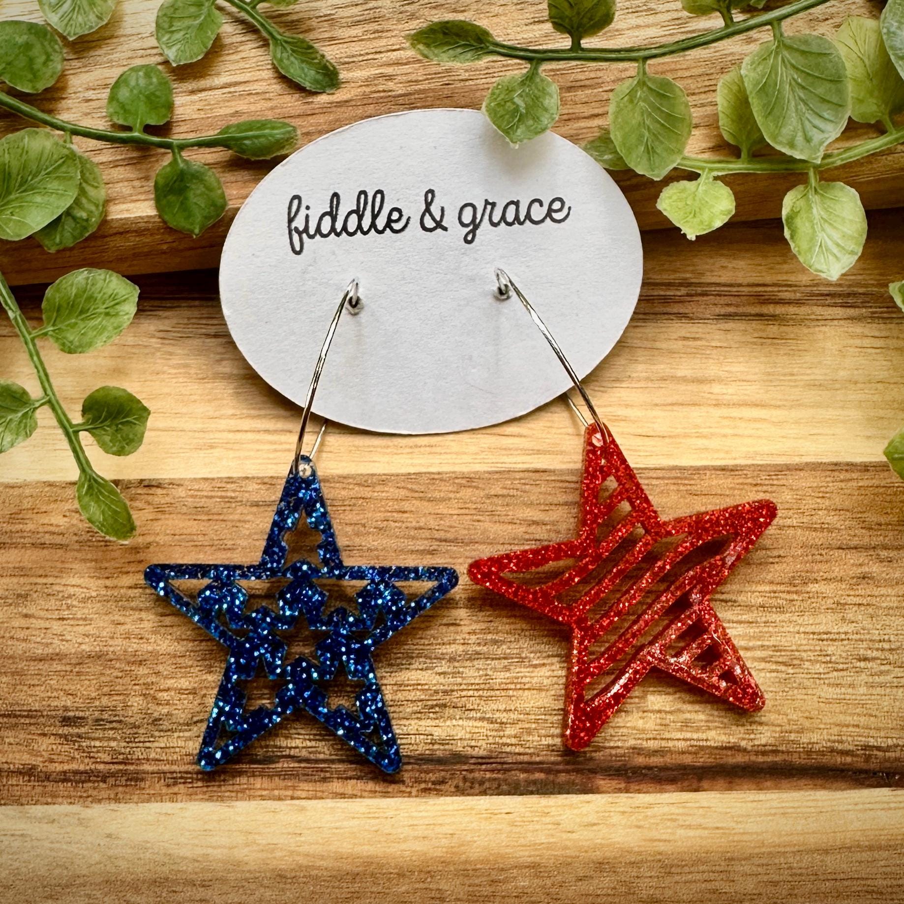 Patriotic 4th of July Earrings: Red White Blue Glitter Ac...