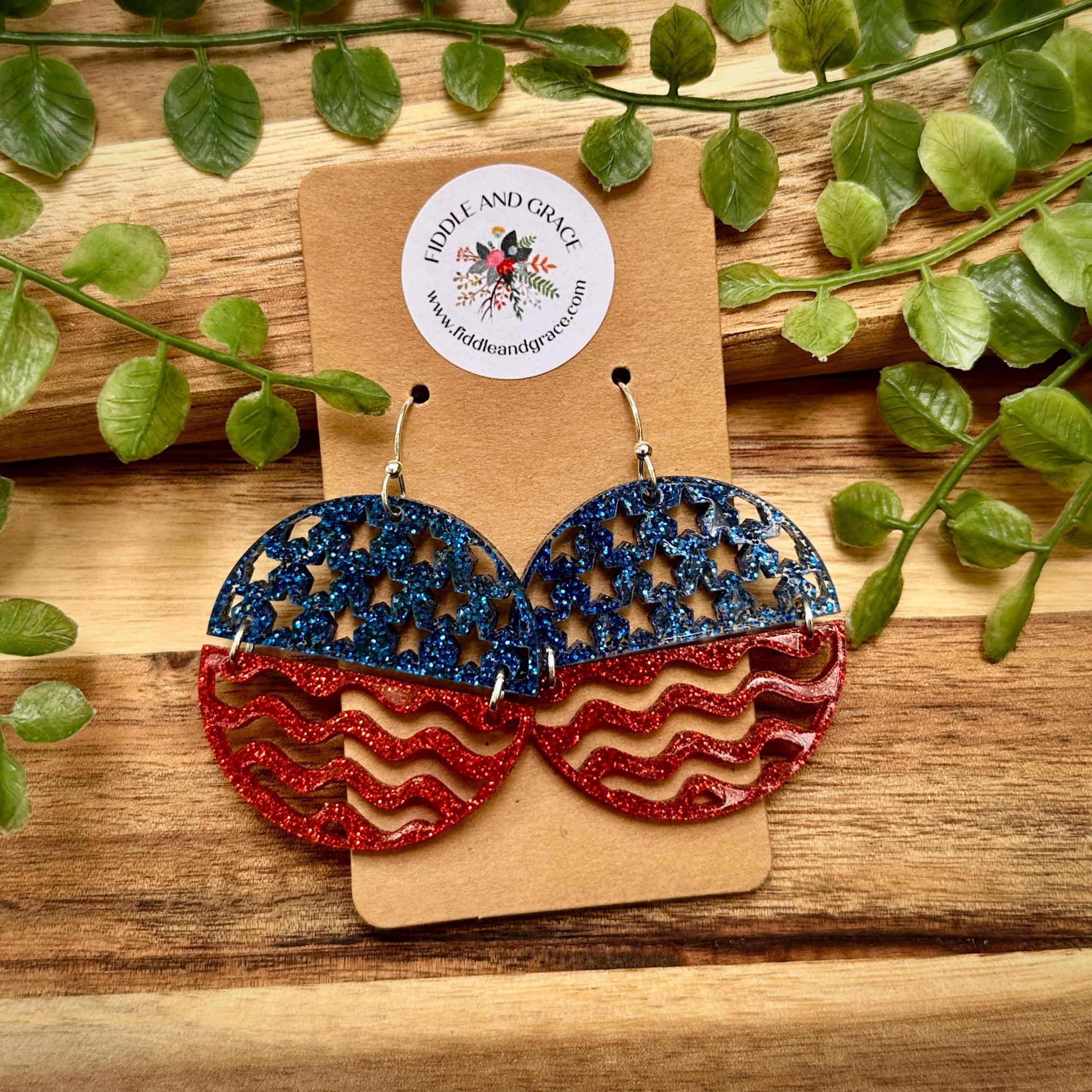 4th of July Patriotic Earrings: Red White Blue Glitter Ac...