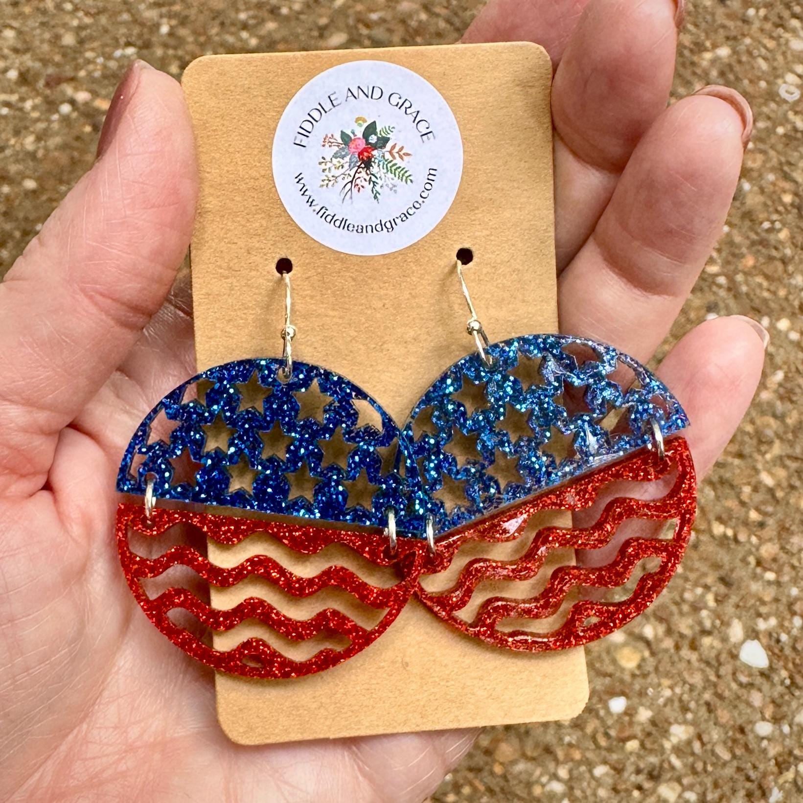 4th of July Patriotic Earrings: Red White Blue Glitter Acrylic view 2