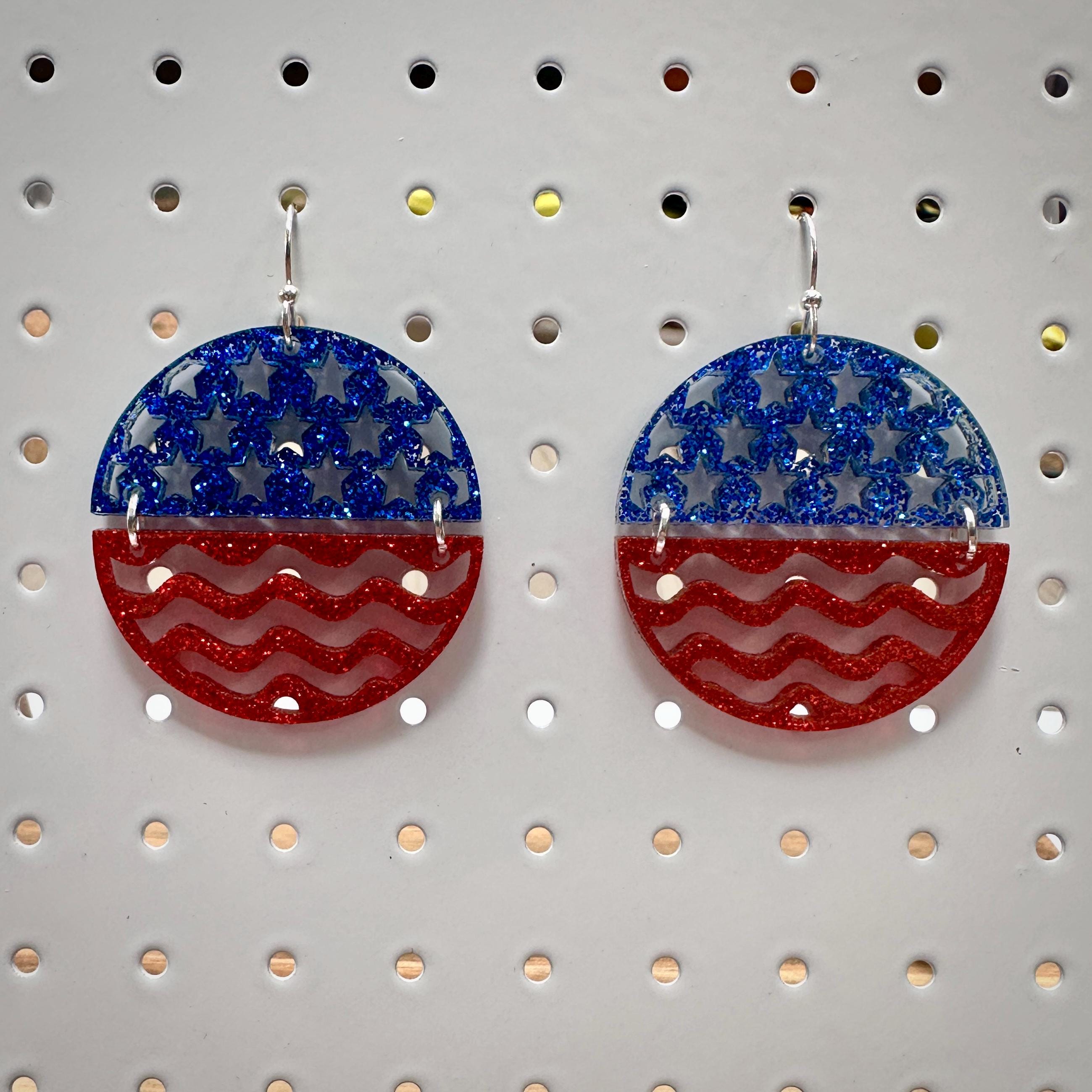 4th of July Patriotic Earrings: Red White Blue Glitter Acrylic view 3