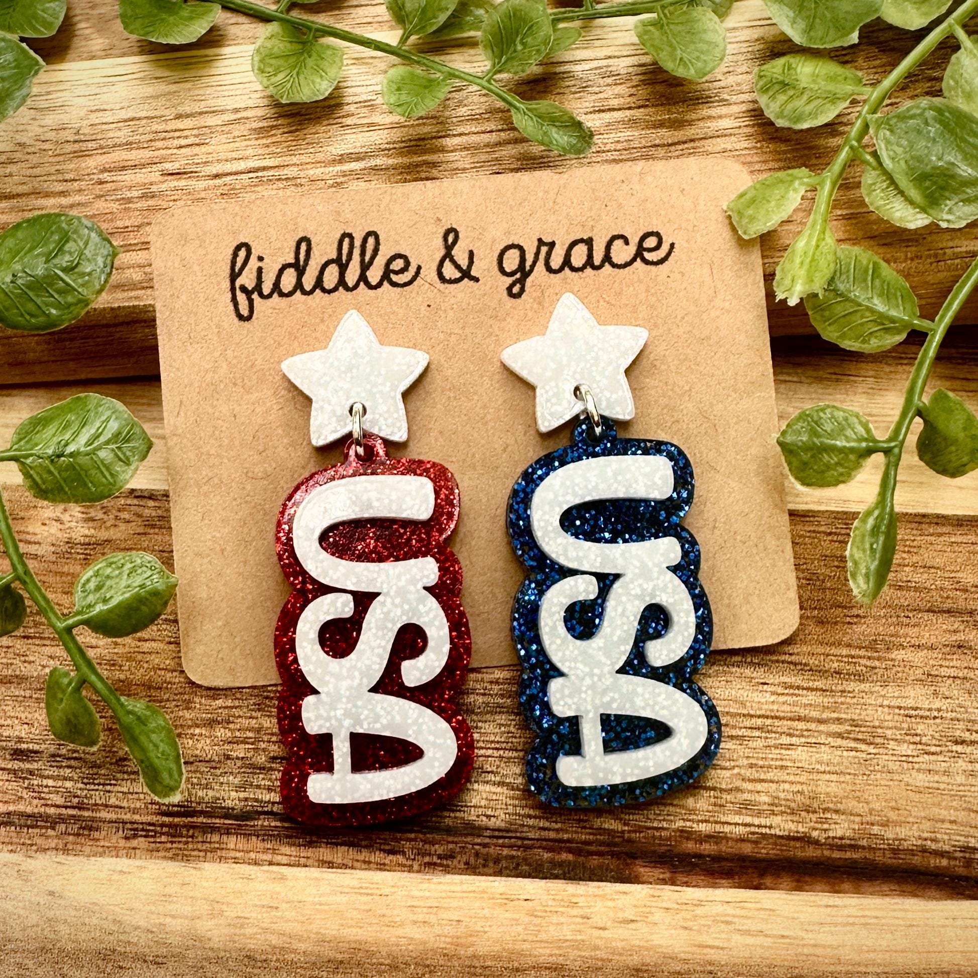 Patriotic 4th of July Flag Earrings: Glitter Acrylic, Sta...