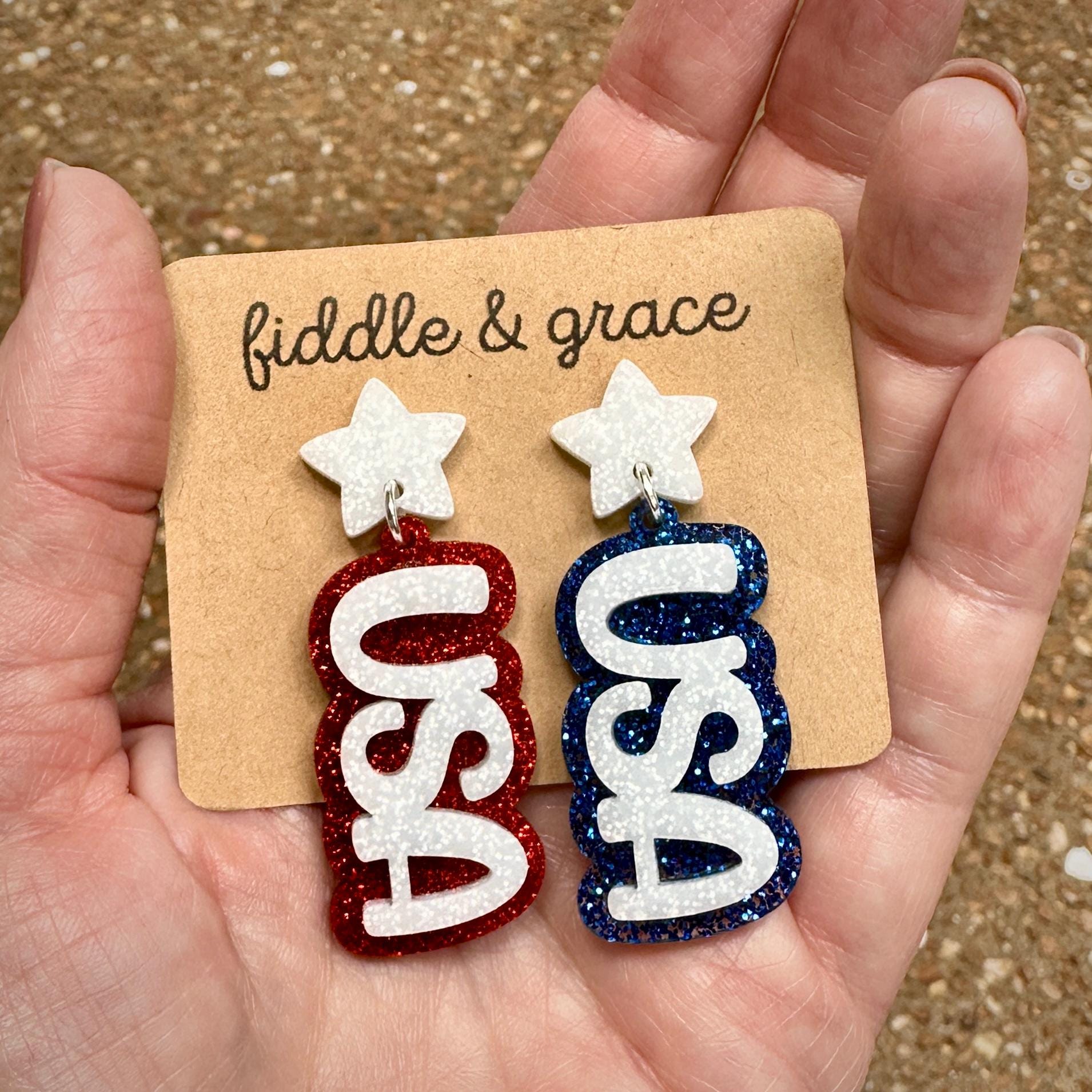 Patriotic 4th of July Flag Earrings: Glitter Acrylic, Stainless Steel view 2