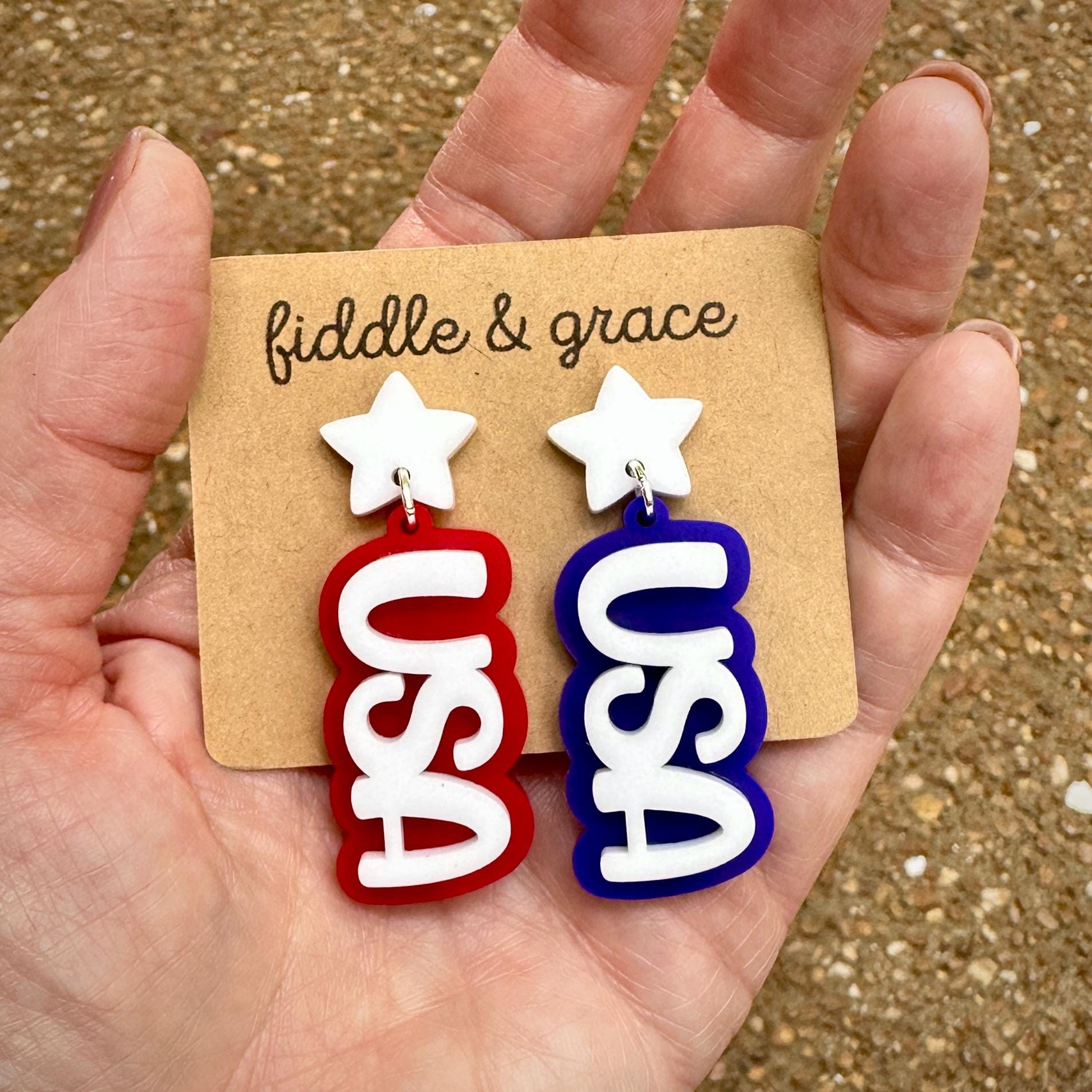 Patriotic Flag Earrings: Red, White & Blue Acrylic - 4th of July view 2