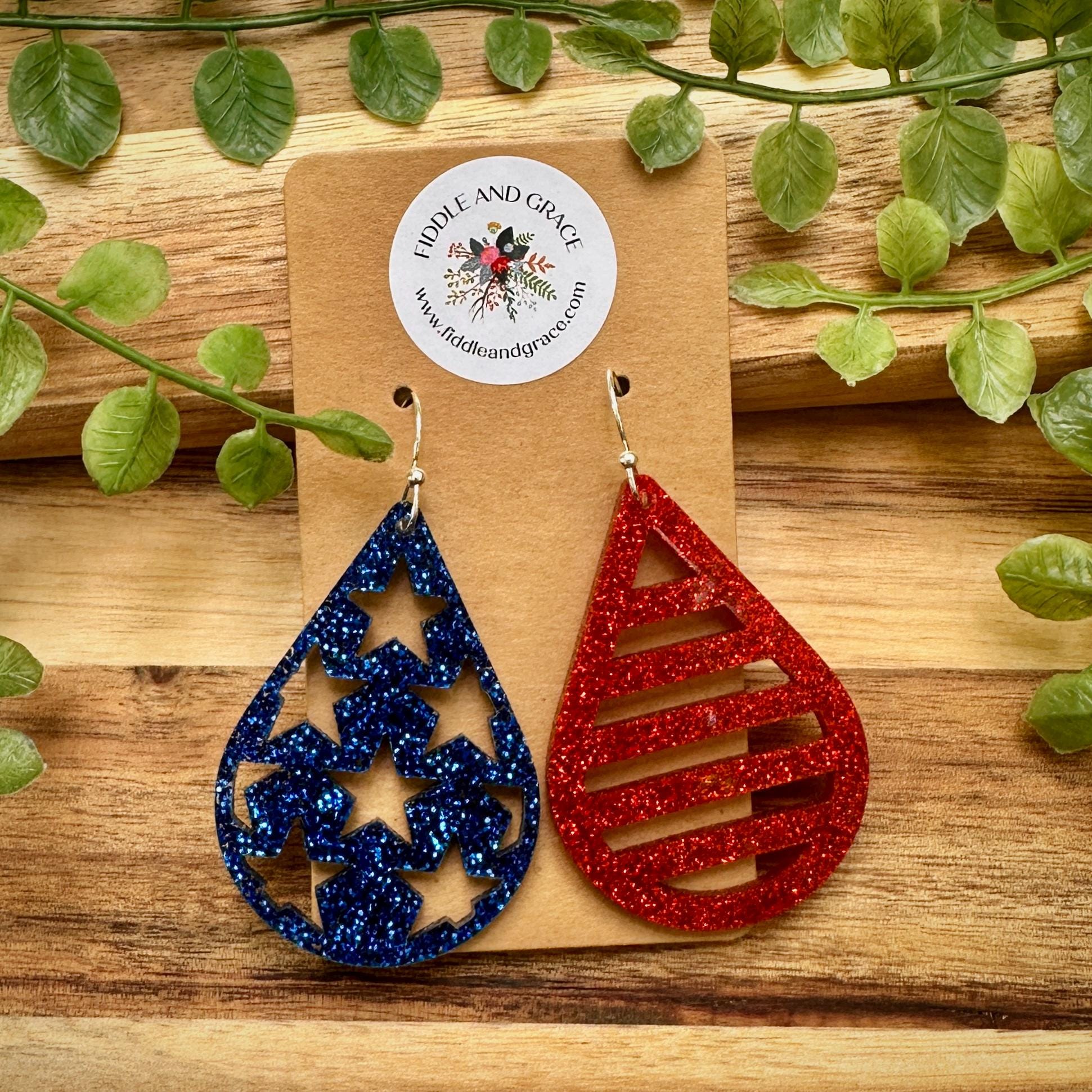 Patriotic Flag Earrings: Red, White & Blue Glitter Acrylic