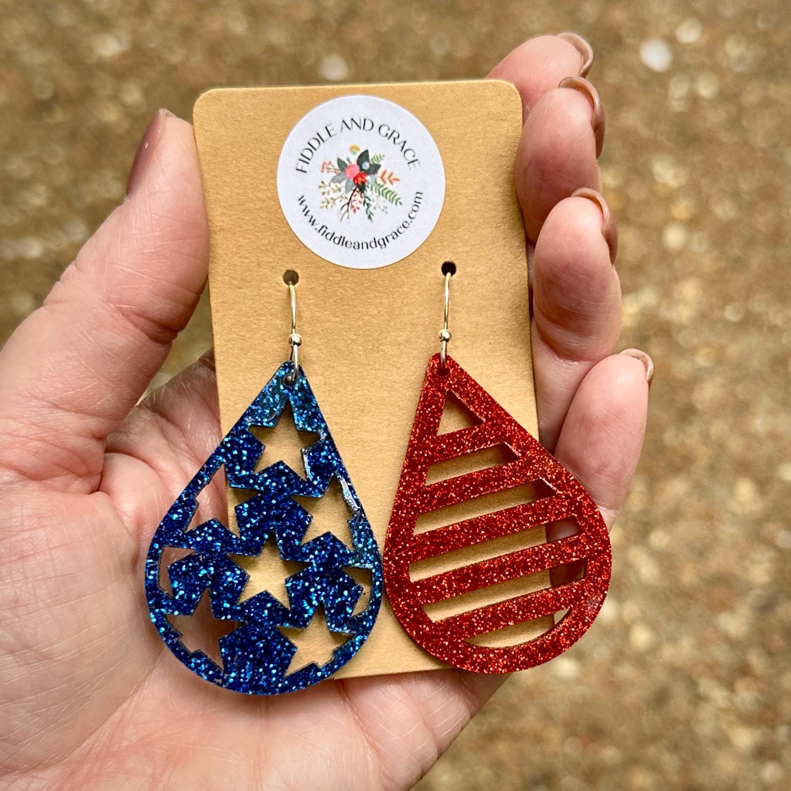Patriotic Flag Earrings: Red, White & Blue Glitter Acrylic view 2