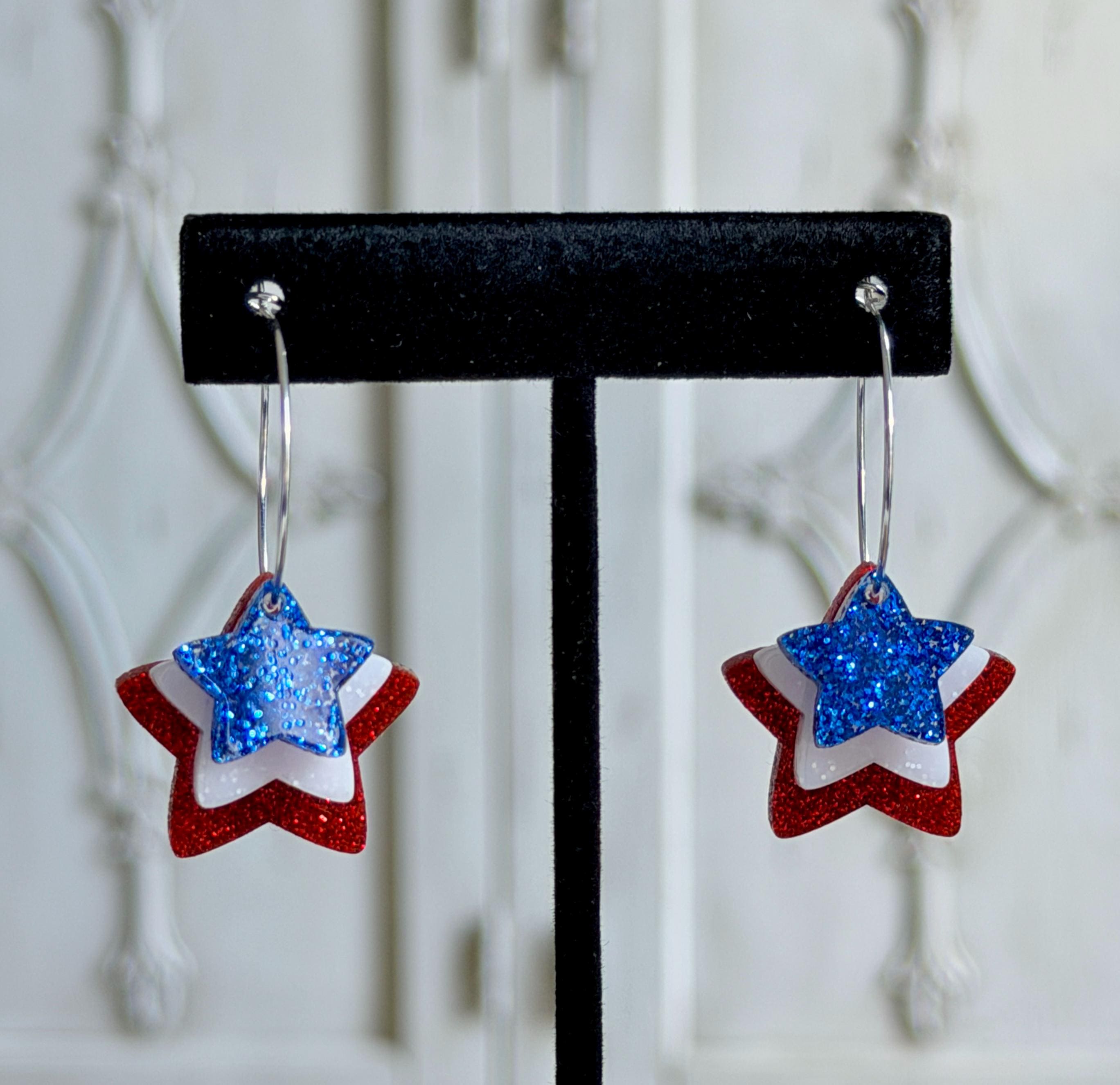 Glitter Star Patriotic Hoop Earrings