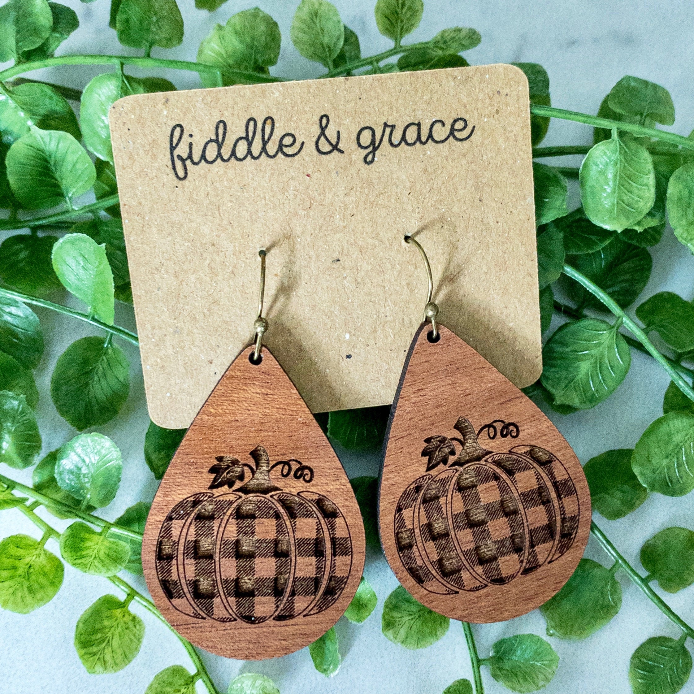 Pumpkin Earrings, Buffalo Plaid Earrings, Wood Earrings,...