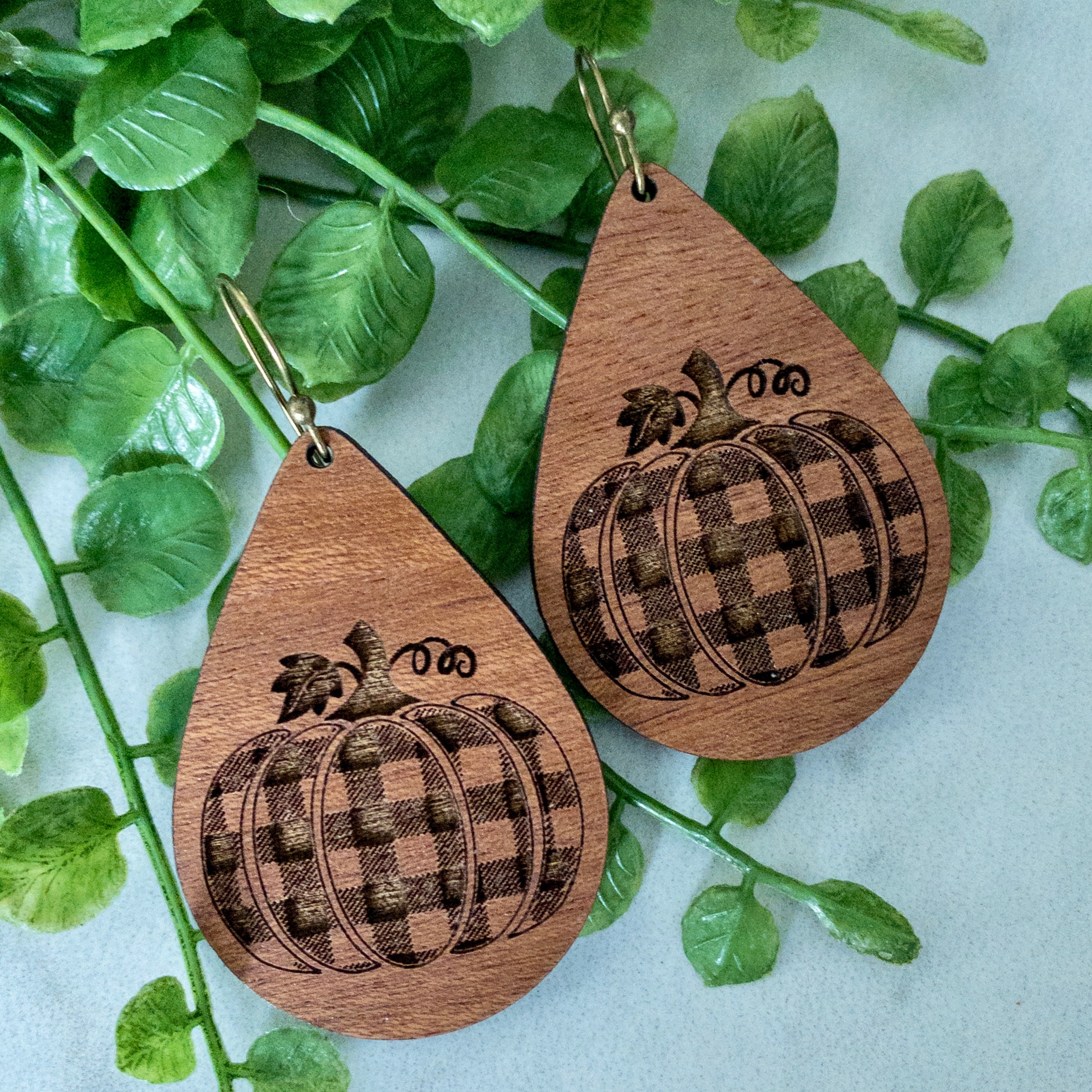 Pumpkin Earrings, Buffalo Plaid Earrings, Wood Earrings, Lightweight Earrings, Earrings view 2