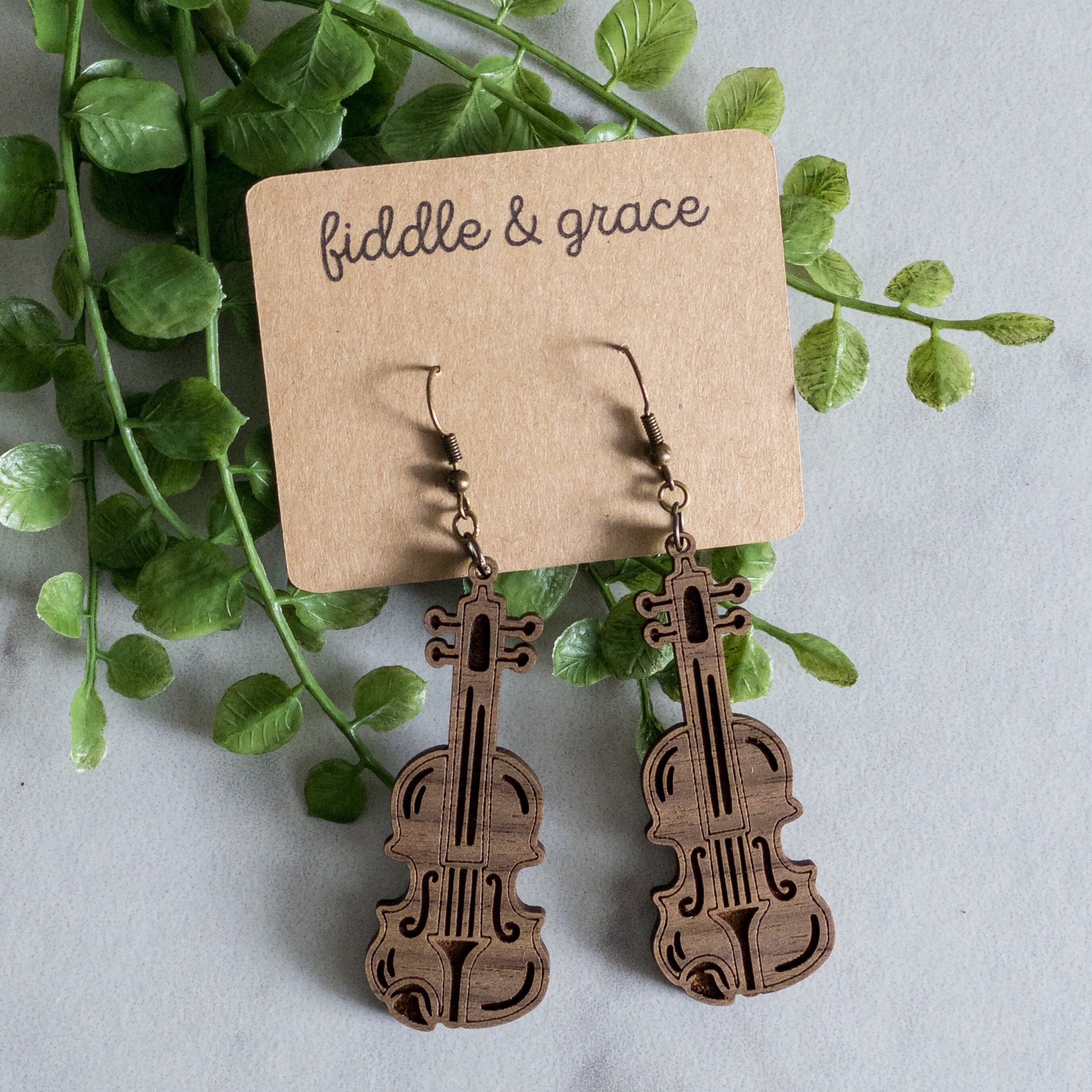 Fiddle Earrings, Violin Earrings, Wood Earrings, Wooden E...