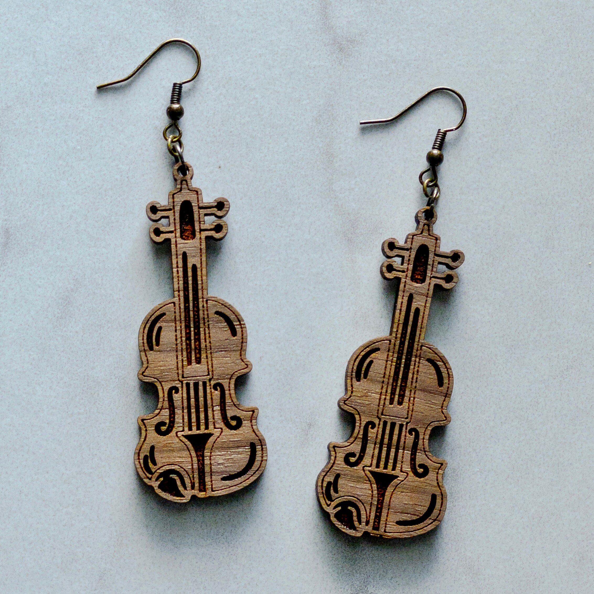 Fiddle Earrings, Violin Earrings, Wood Earrings, Wooden Earrings, Wood Jewelry, Wooden Jewelry, Lightweight Earrings, Earrings view 2
