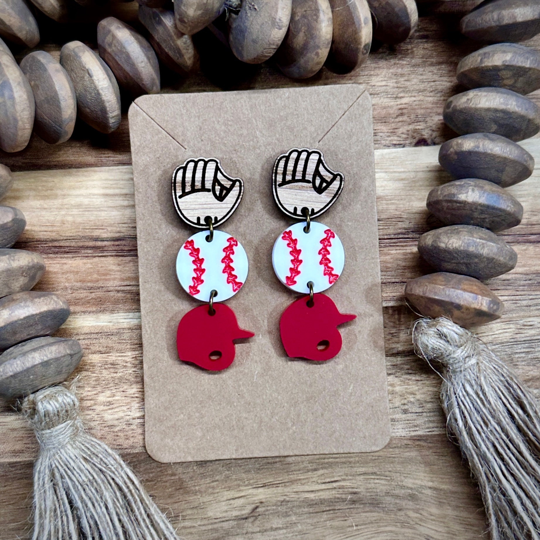 Baseball Earrings: Cherry Wood, Hand-Painted Acrylic, Ant...
