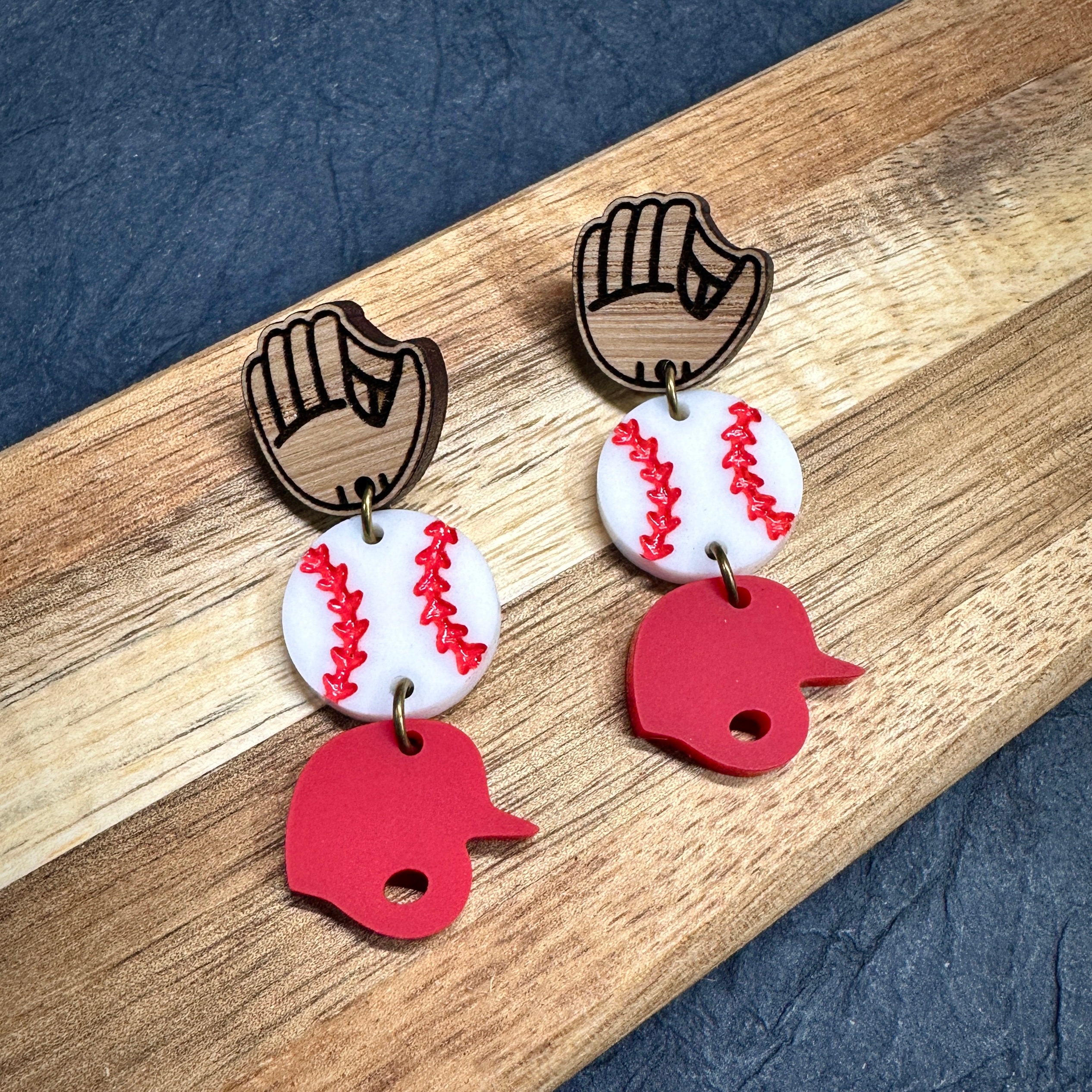 Baseball Earrings: Cherry Wood, Hand-Painted Acrylic, Antique Bronze Hooks view 2