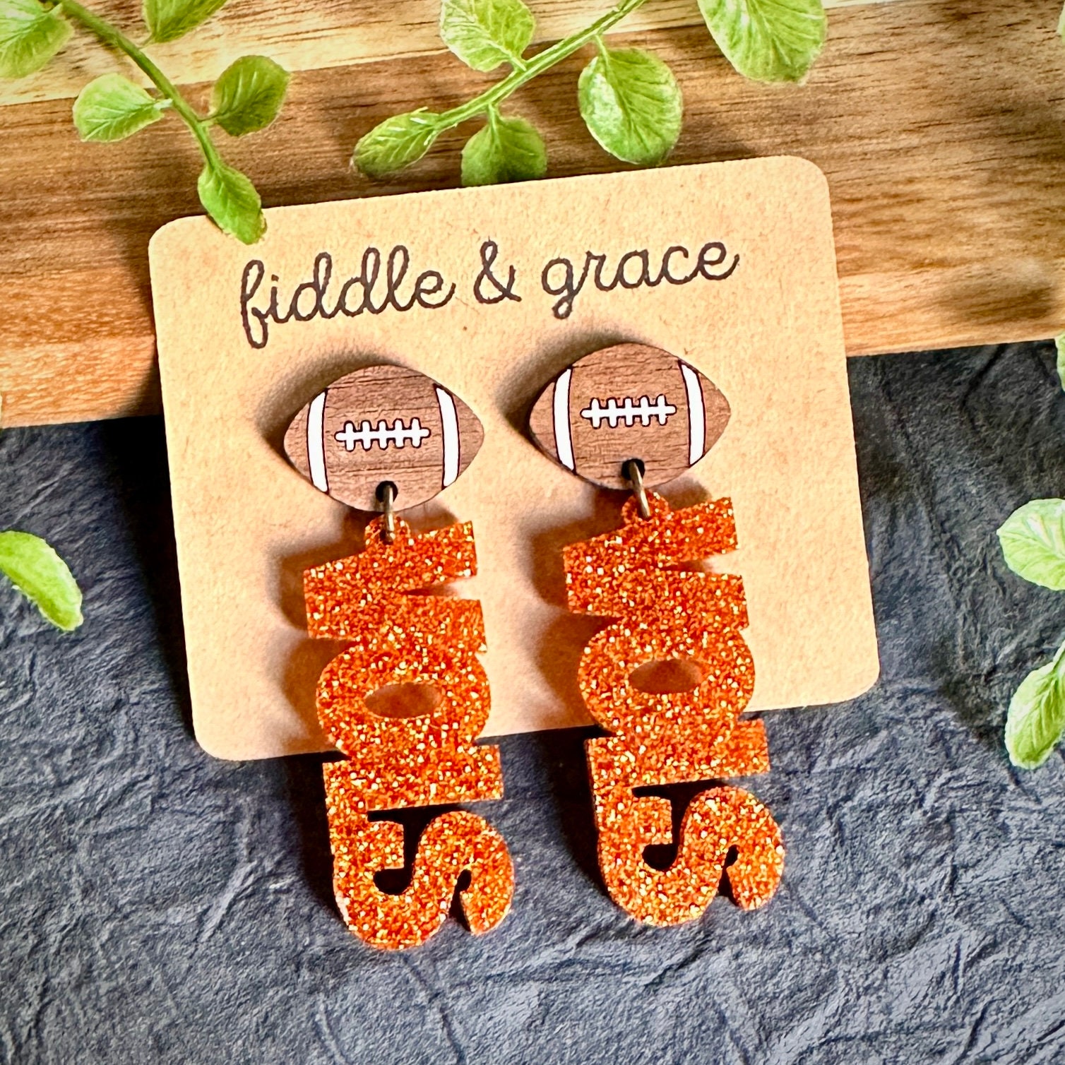 Orange Glitter UT Volunteer Earrings: Walnut Football, St...