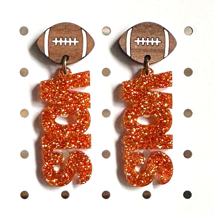Orange Glitter UT Volunteer Earrings: Walnut Football, Stainless Steel Studs view 2