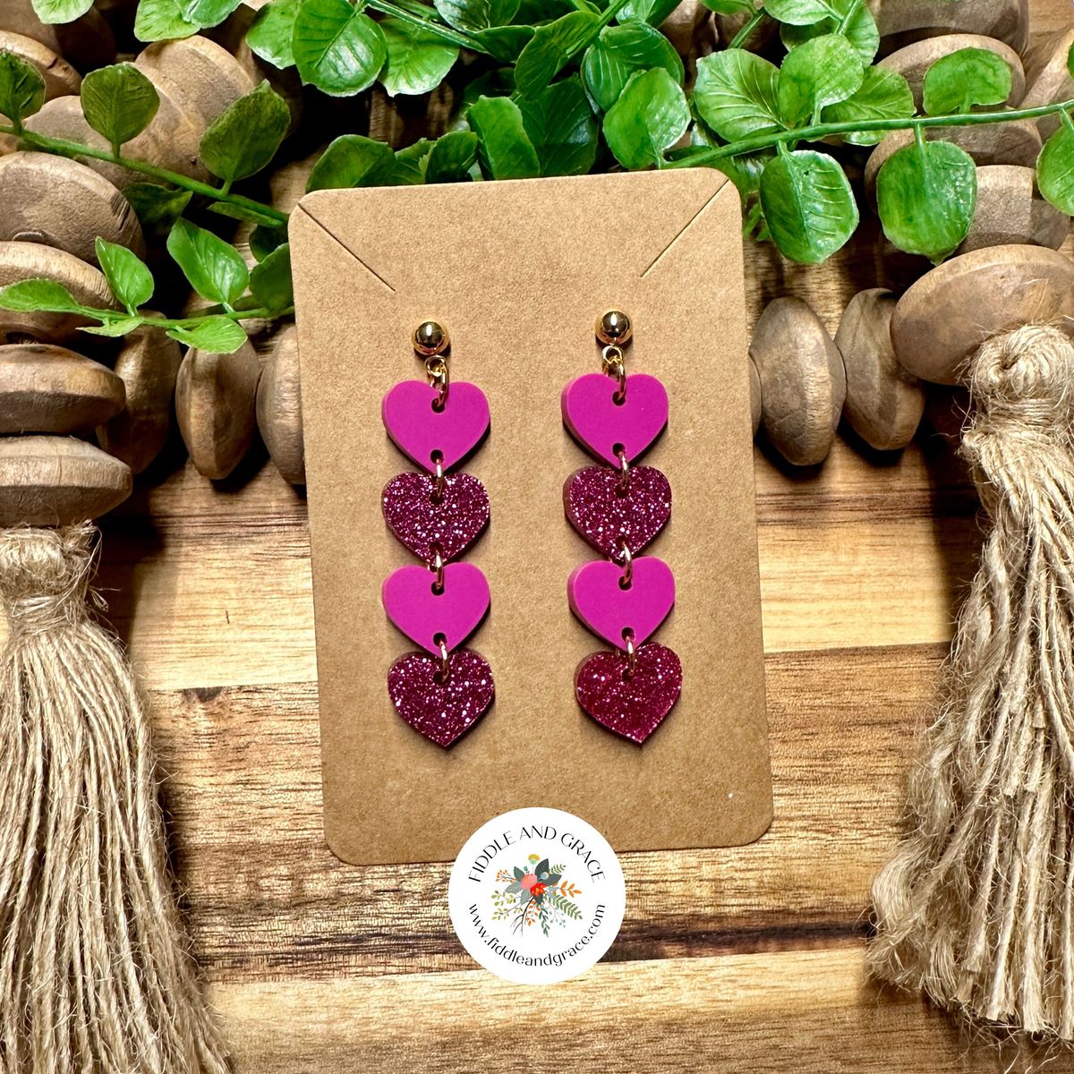 Fuchsia Glitter Stacked Heart Valentines Day Earrings