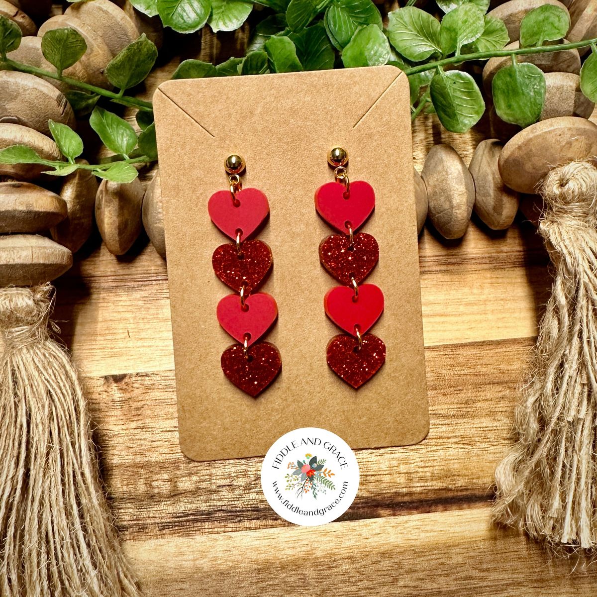 Red Glitter Stacked Heart Valentines Day Earrings