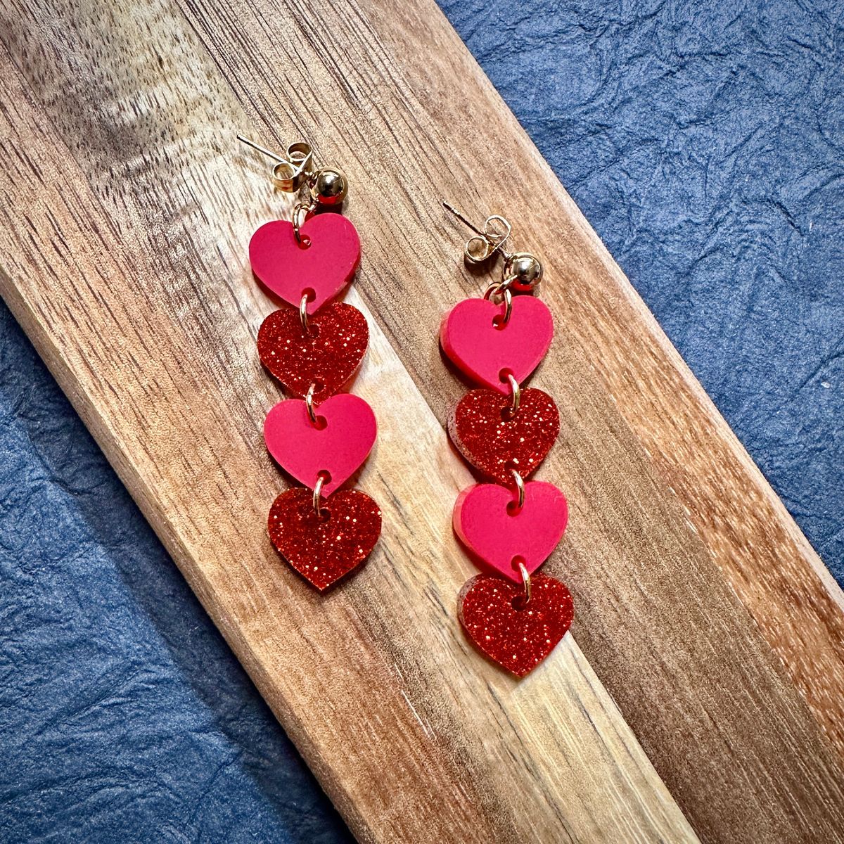 Red Glitter Stacked Heart Valentines Day Earrings view 2