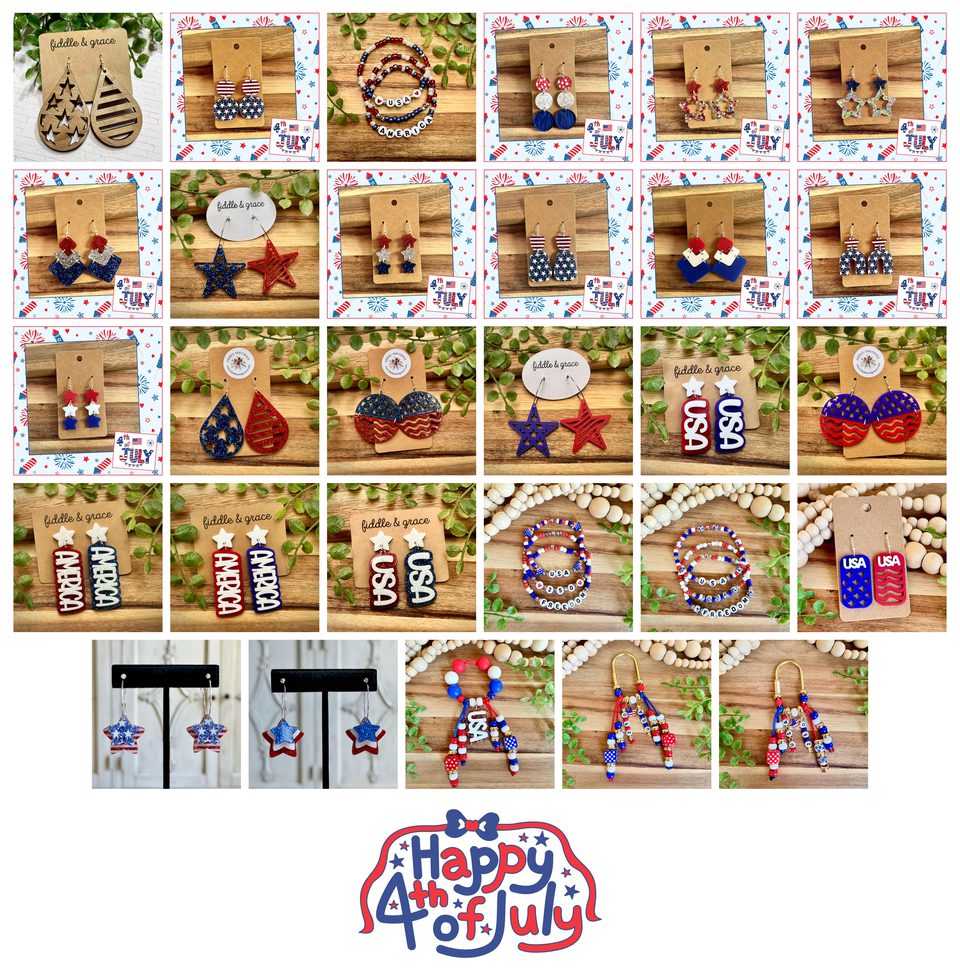 The full Fiddle and Grace 4th of July collection — patriotic earrings and bracelet stacks