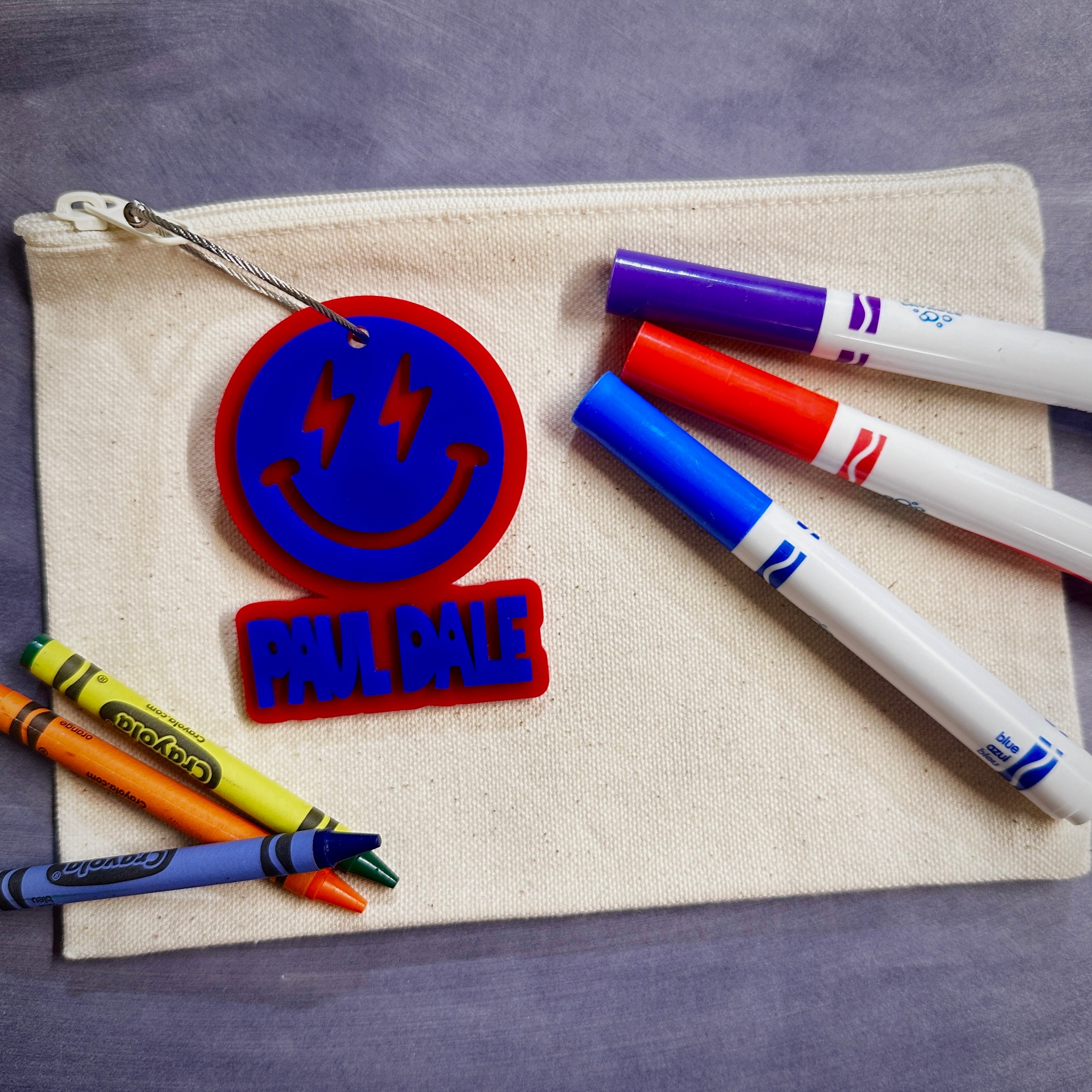 Personalized Acrylic Backpack Tag: Smiley Face, Custom Name view 2